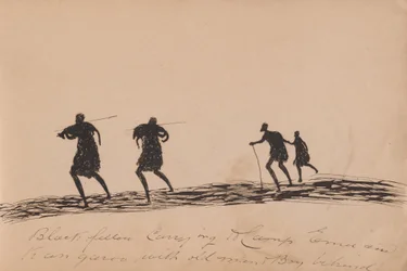 Kwatkwat Volk - Schwarzer trägt Emu und Känguru ins Lager, mit altem Mann und Jungen dahinter - Skizzenbuch der Aktivitäten der Aborigines